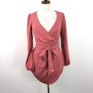 ASOS Pink Long Sleeve Tulip Belted Mini Wrap Dress